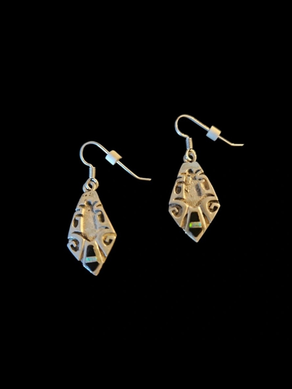 Vintage Navajo Sterling Silver Diamond Dangle Earrings Green Opal Inlay Signed